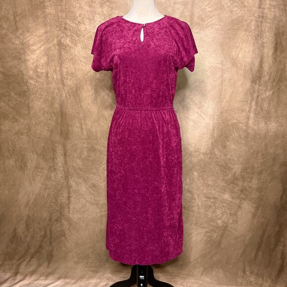 Vintage 70s Union Made Magenta Terry Cloth Shirt Waist Dress Side Button Midi - Picture 1 of 12